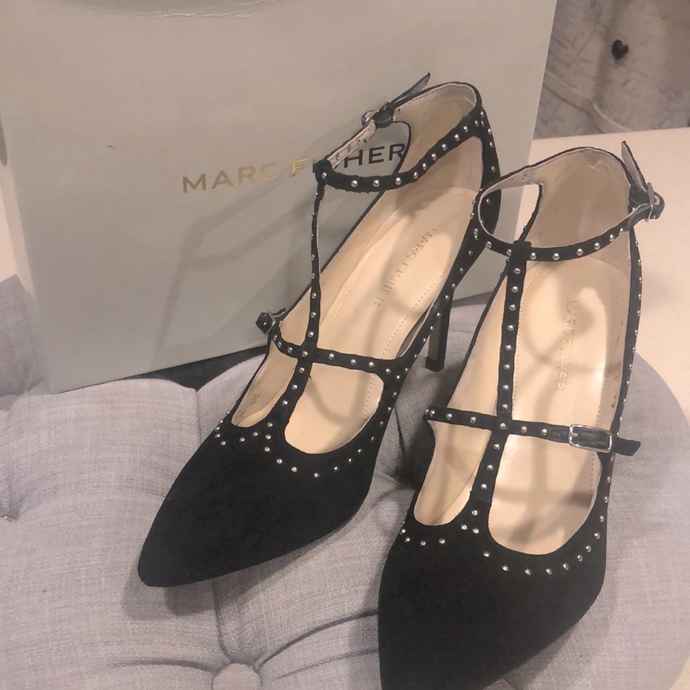 MARC FISHER UNITED 3 DOUBLE STRAP HEELS BLACK SIZE 7.5 NEW IN BOX